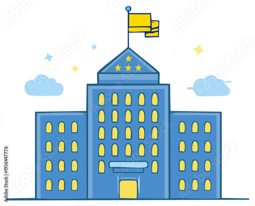 Cartoon style building illustration with flag. Governmental institution architecture with stars and clouds in the sky.