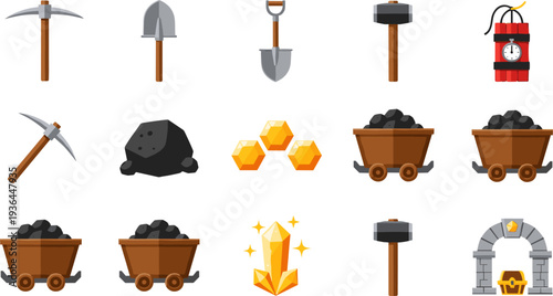 Mining tools and resources icons set, pickaxe shovel coal cart gold dynamite crystal treasure cave vector illustration