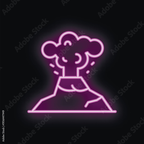 Neon sign representing a volcano erupting with smoke, on a black background