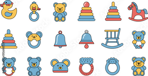 Cute baby toys icons set, cartoon teddy bear duck rattle stacking rings rocking horse nursery children vector illustration