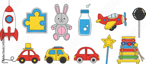 Cute kids toys collection, cartoon rocket airplane cars rabbit puzzle milk bottle xylophone star wand colorful children vector illustration