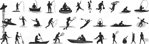 Water sports activities silhouettes kayaking surfing fishing paddle boarding jet ski vector icons set isolated on white background outdoor adventure
