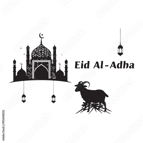 Eid AlAdha Illustration Featuring Mosque And Ram Symbol