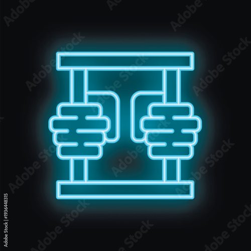 Blue neon sign of a bench press weight training icon, isolated on a black background
