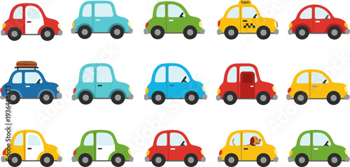 Cute cartoon cars collection, colorful city vehicles set, taxi compact automobile transport icons, kids style vector illustration isolated