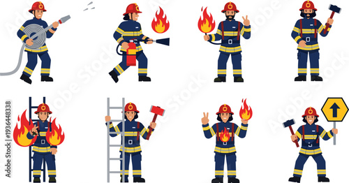 Firefighter characters set, fire rescue workers, emergency response team, firefighting equipment, ladder hose extinguisher, safety service cartoon vector illustration collection