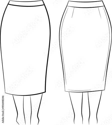 Pencil skirt front and back technical flat fashion illustration, high waist fitted silhouette below knee length darts tailored garment construction sketch