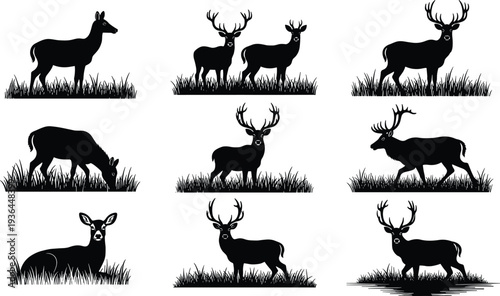 Collection of black deer silhouettes including buck with antlers and doe grazing in high grass field for rustic nature outdoors and hunting design