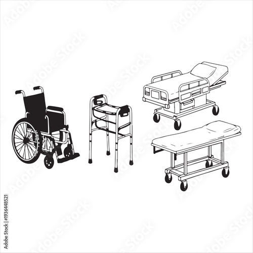 Medical equipment including wheelchair walker stretcher and table illustration