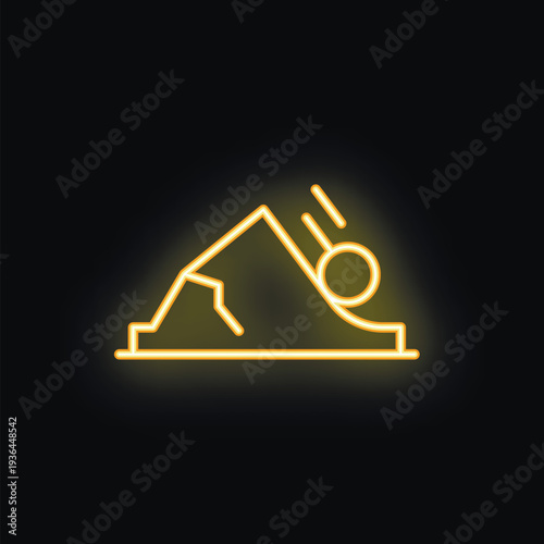 Yellow neon sign depicting a rock rolling downhill, symbolizing a landslide or natural disaster, on a black background