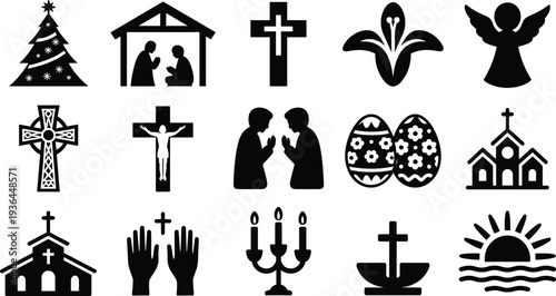 Christian religious symbols silhouettes vector illustration, faith artwork with cross, church, angel, Easter, Christmas, worship, prayer themes