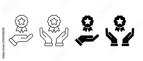 Hand Holding Champion Medal Vector Icon. Award Rosette Star Ribbon symbol