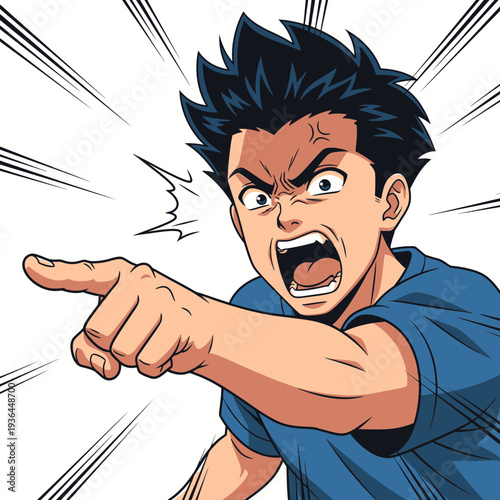 Angry young man pointing finger with intense expression.