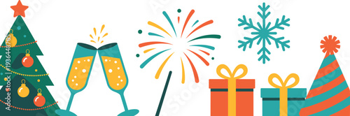 Christmas and New Year celebration vector illustration with tree, champagne glasses, fireworks, snowflake, gifts, and party hat