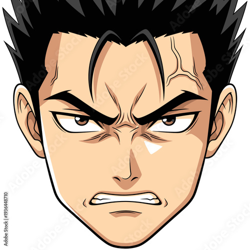 Angry anime man face with intense expression and spiky hair.