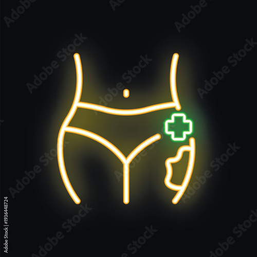 Neon icon representing a woman body with a patch, showing the results of an anti cellulite treatment