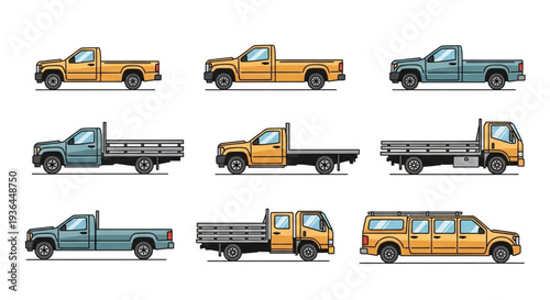 Pickup Trucks and Vans Illustration Set.