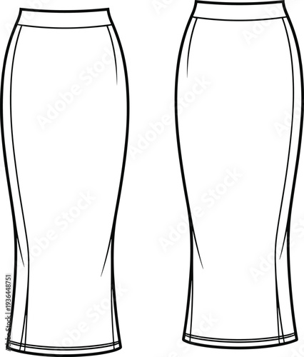 Pencil skirt front and back technical flat fashion illustration, high waist fitted silhouette below knee length garment construction design sketch