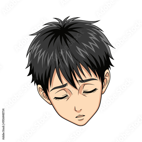 Anime boy with closed eyes and messy dark hair.