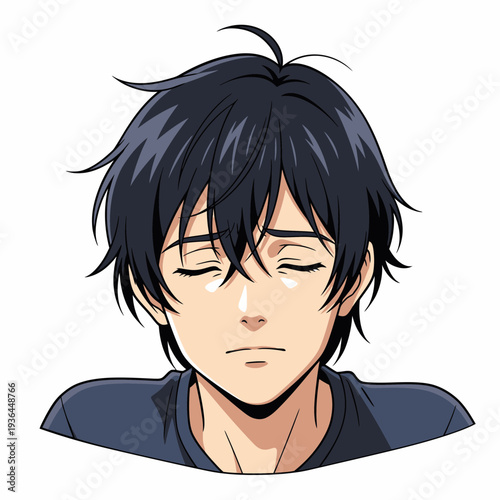 Anime boy with closed eyes looking sad.