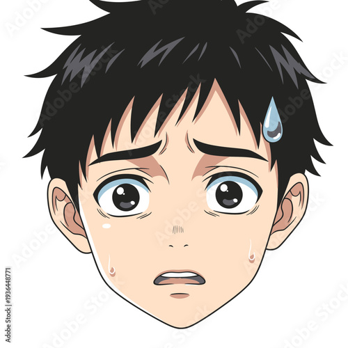 Anime boy with a worried expression and sweat drops on his face.