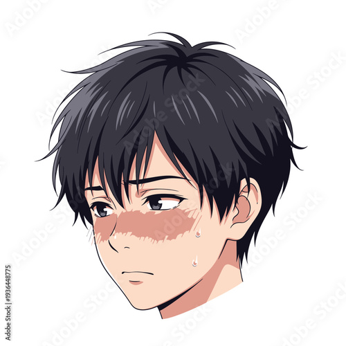 Anime Boy with Dark Hair and Blushing Cheeks.