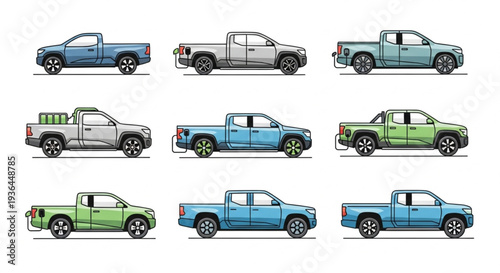 Pickup Trucks Various Colors Side View.