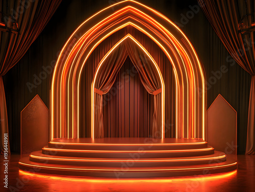Illuminated Stage with Neon Arches and Curtains Award Ceremony Concept
