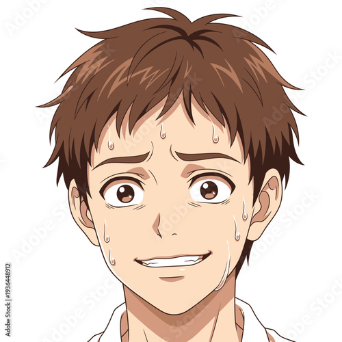 Anime character with a nervous expression and sweat on his face.