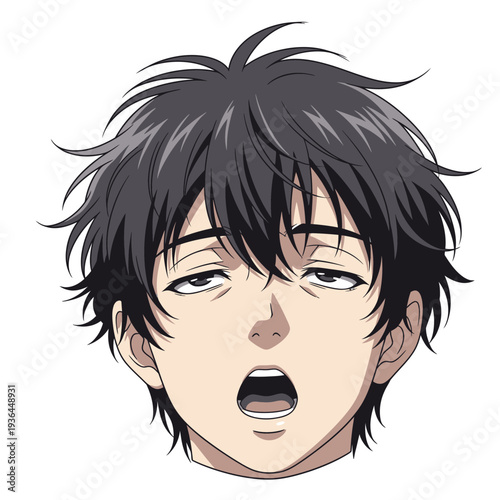 Anime character with messy black hair and tired eyes.