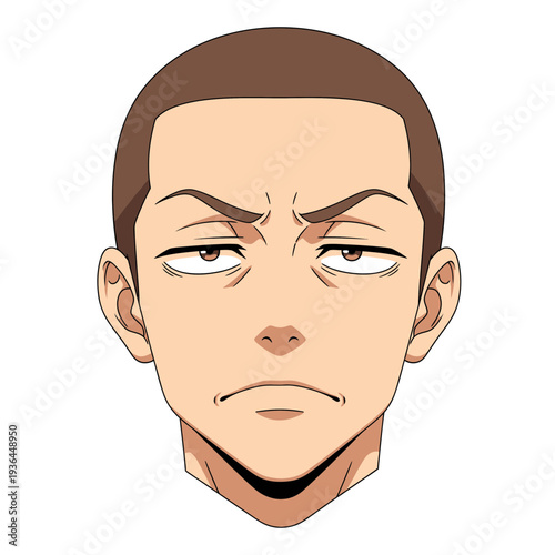 Anime character with short brown hair and stern expression.