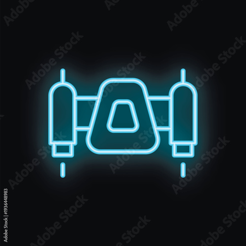 Blue neon sign of a drone flying on a black background, a simple icon of a trendy gadget