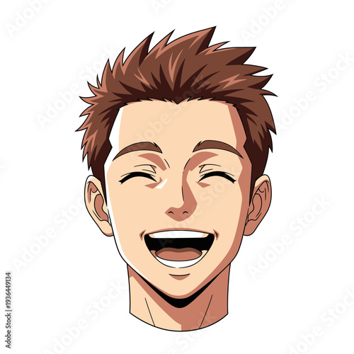 Anime style illustration of a young mans face laughing heartily.