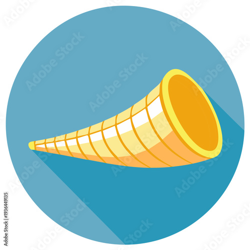Illustration of a stylized yellow horn, representing a musical instrument on a blue circle background.
