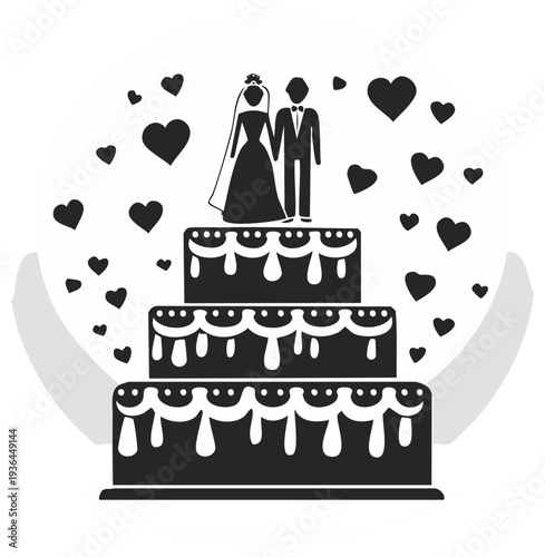 Elegant Tiered Wedding Cake Silhouette with Bride and Groom Figurines Surrounded by Floating Hearts