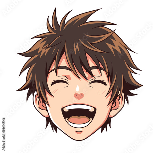 Anime style illustration of a young mans face with spiky brown hair laughing joyfully with eyes closed and mouth wide open.