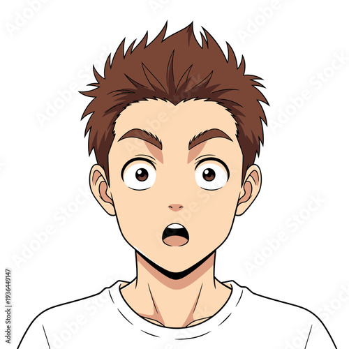 Anime style illustration of a young man with spiky hair looking surprised.