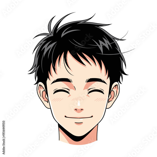 Anime style illustration of a young mans smiling face.