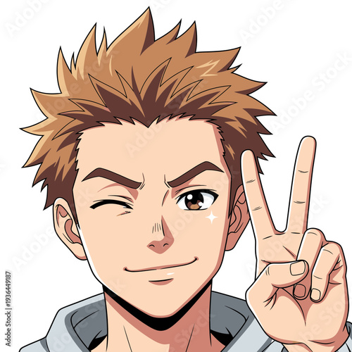Anime style man winking and showing peace sign.