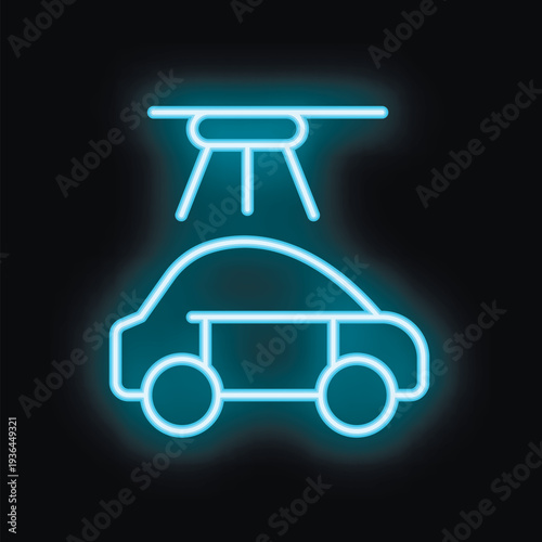 Neon glowing icon of a drone delivering a package to a car, representing fast and convenient delivery services