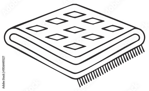 Folded blanket or rug with diamond pattern and fringe detail isolated outline drawing