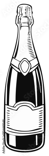 Classic sparkling wine bottle with wire cage and label outline in black and white