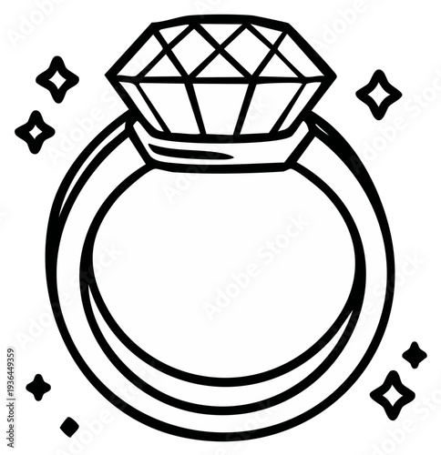 Diamond ring line art illustration of wedding or engagement jewelry with sparkling design elements