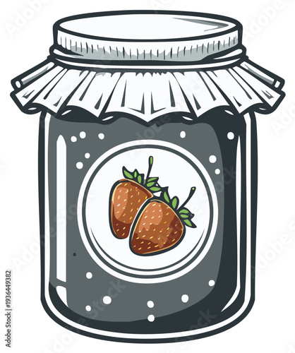 Strawberry Jam Jar with Lid Labelled with Strawberries Retro Food Vector Illustration