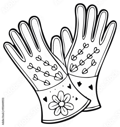 Outline of decorative garden gloves with floral and heart patterns