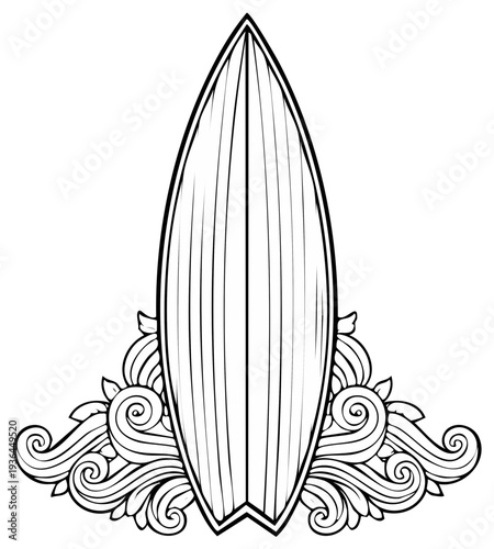 Black and white illustration of a surfboard with decorative waves, surf, and sea imagery.