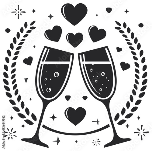 Champagne Glasses Toast with Hearts Celebration Symbol