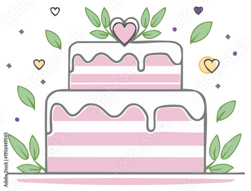 Two-tiered wedding cake with hearts and decorative leaves, sweet confection illustration.