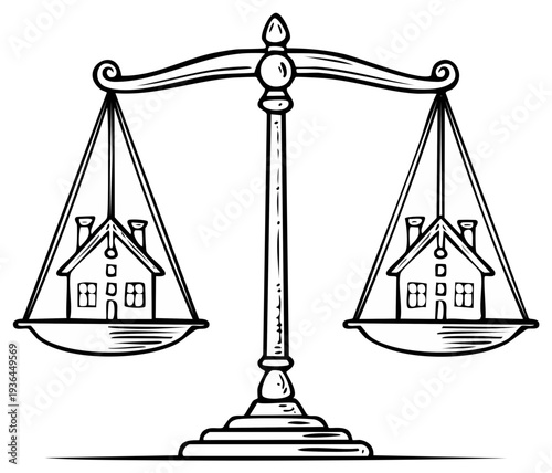 Illustration of houses on a balance scale representing home value