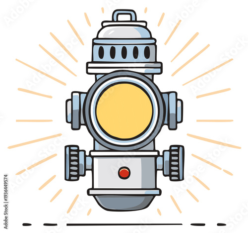 Illustration of a vintage style fire hydrant with light rays emanating, cartoon style